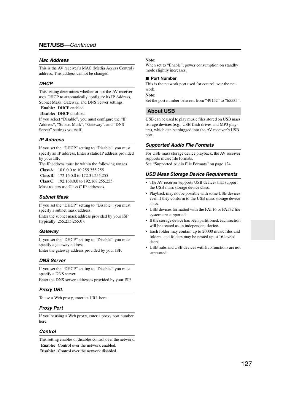 About usb, Net/usb —continued | Onkyo TX-NR5007 User Manual | Page 127 / 164
