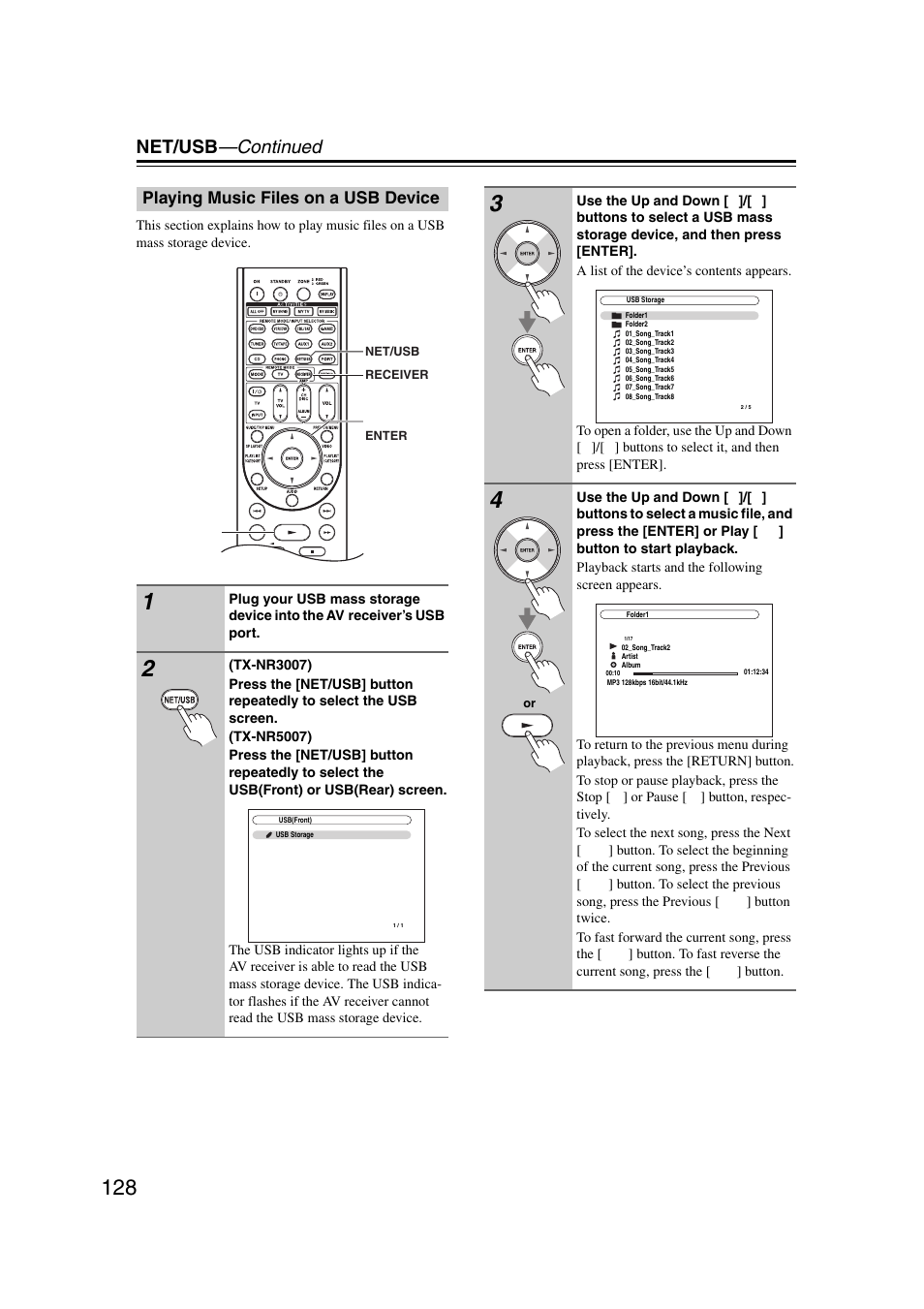Playing music files on a usb device, Net/usb —continued | Onkyo TX-NR5007 User Manual | Page 128 / 164