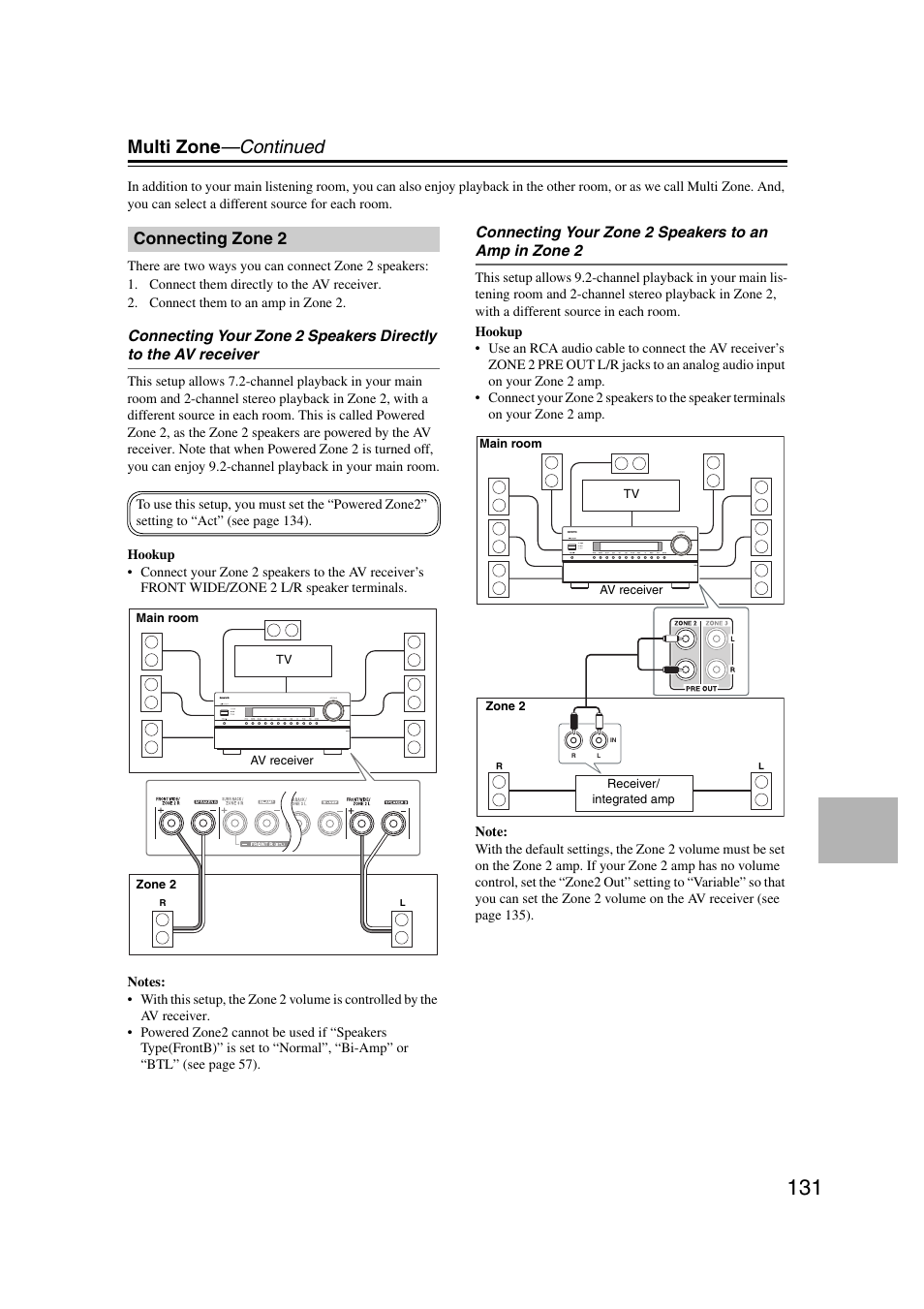 Connecting zone 2, Multi zone —continued | Onkyo TX-NR5007 User Manual | Page 131 / 164