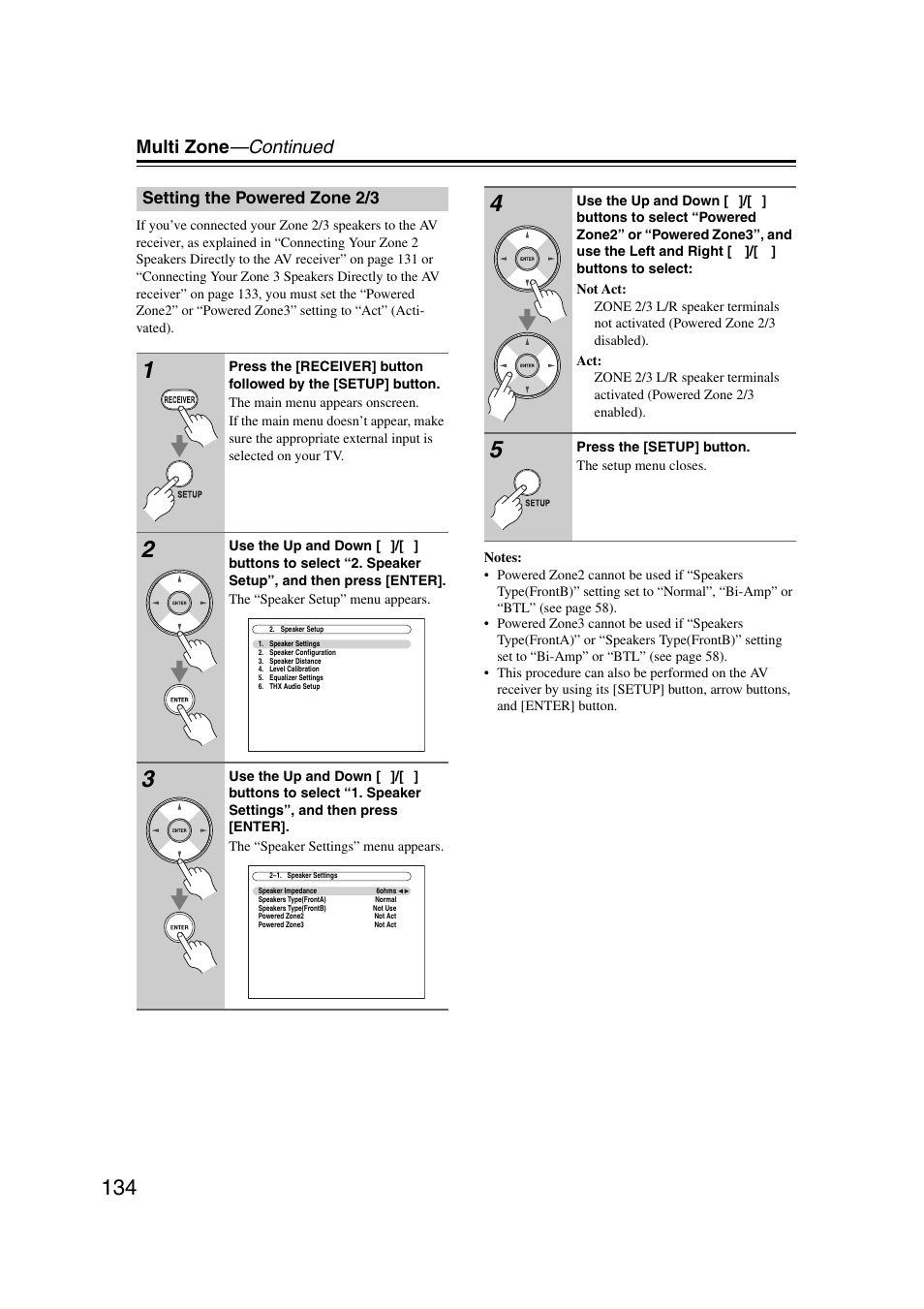 Setting the powered zone 2/3, Multi zone —continued | Onkyo TX-NR5007 User Manual | Page 134 / 164