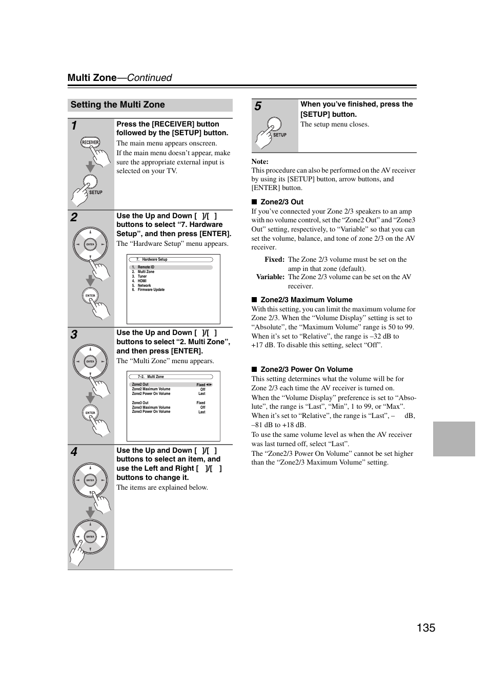 Setting the multi zone, Multi zone —continued | Onkyo TX-NR5007 User Manual | Page 135 / 164