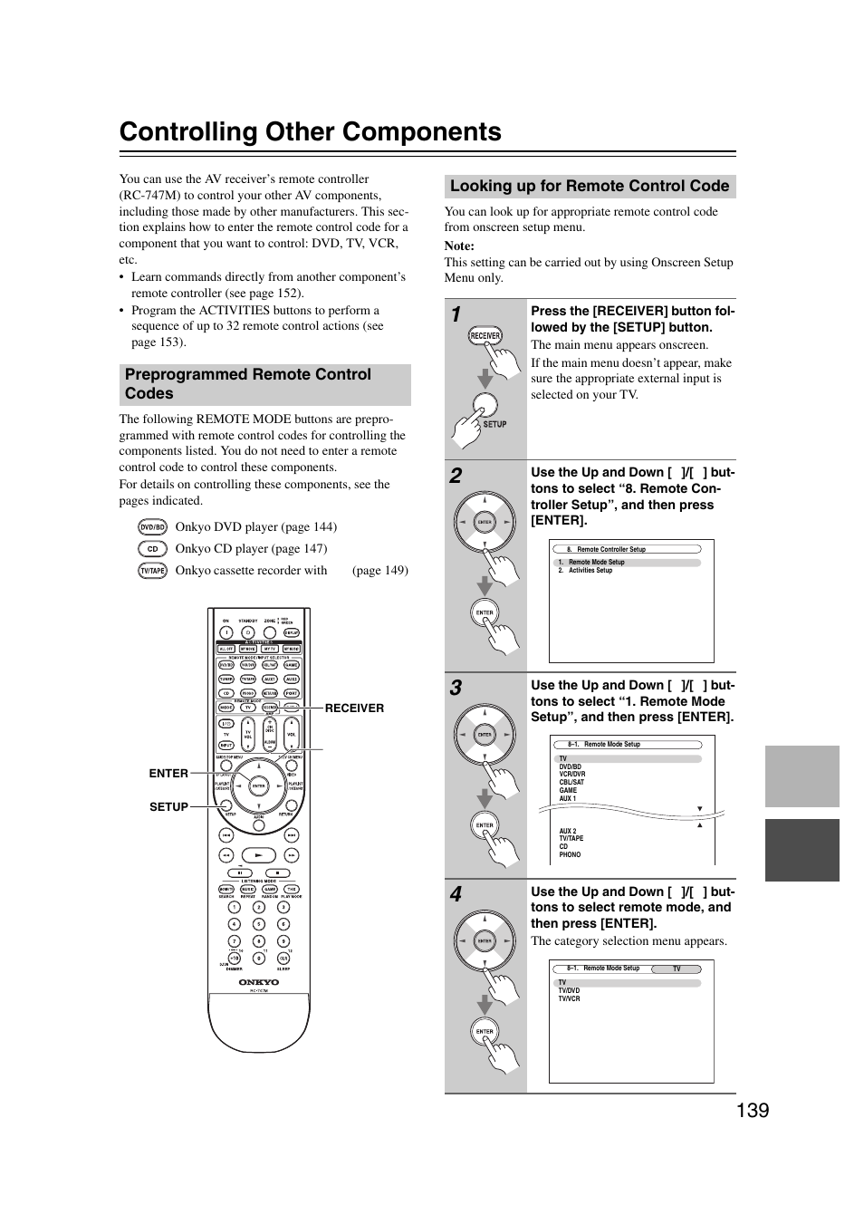 Controlling other components, Preprogrammed remote control codes, Looking up for remote control code | Onkyo TX-NR5007 User Manual | Page 139 / 164