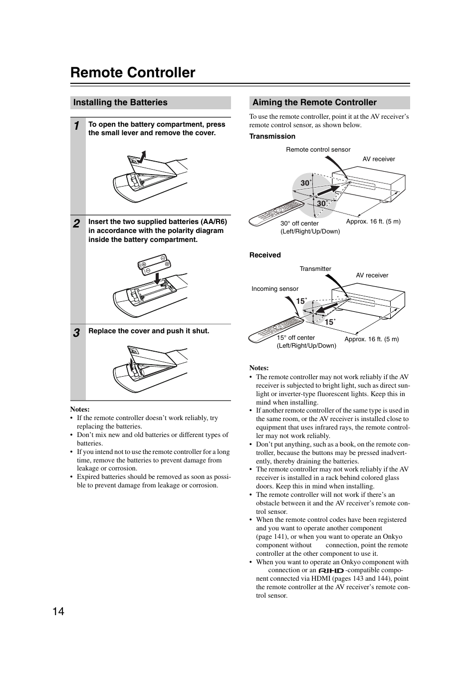 Remote controller, Installing the batteries, Aiming the remote controller | Or/transmitter (14) | Onkyo TX-NR5007 User Manual | Page 14 / 164