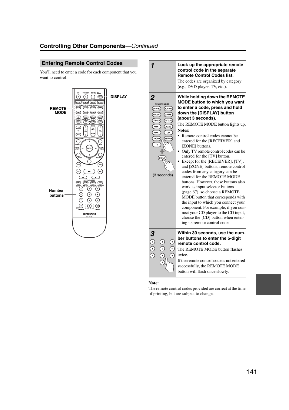 Entering remote control codes | Onkyo TX-NR5007 User Manual | Page 141 / 164