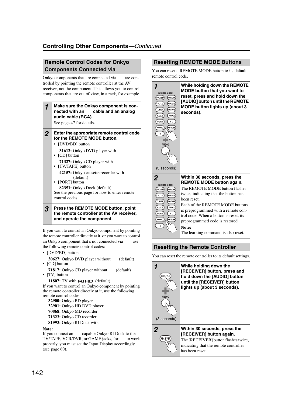 Resetting remote mode buttons, Resetting the remote controller, Remote control codes for onkyo components | Connected via | Onkyo TX-NR5007 User Manual | Page 142 / 164