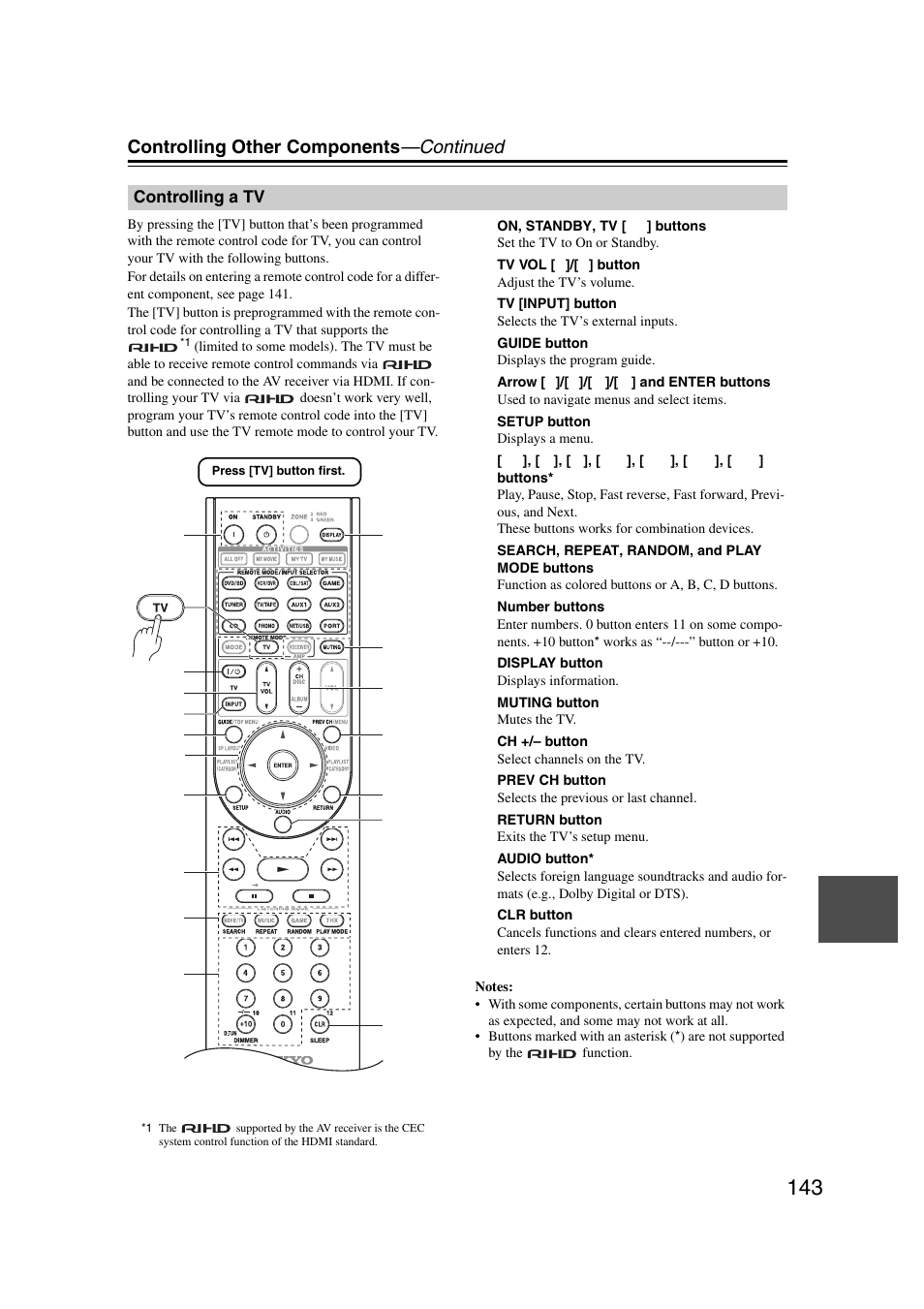 Controlling a tv, Controlling other components —continued | Onkyo TX-NR5007 User Manual | Page 143 / 164