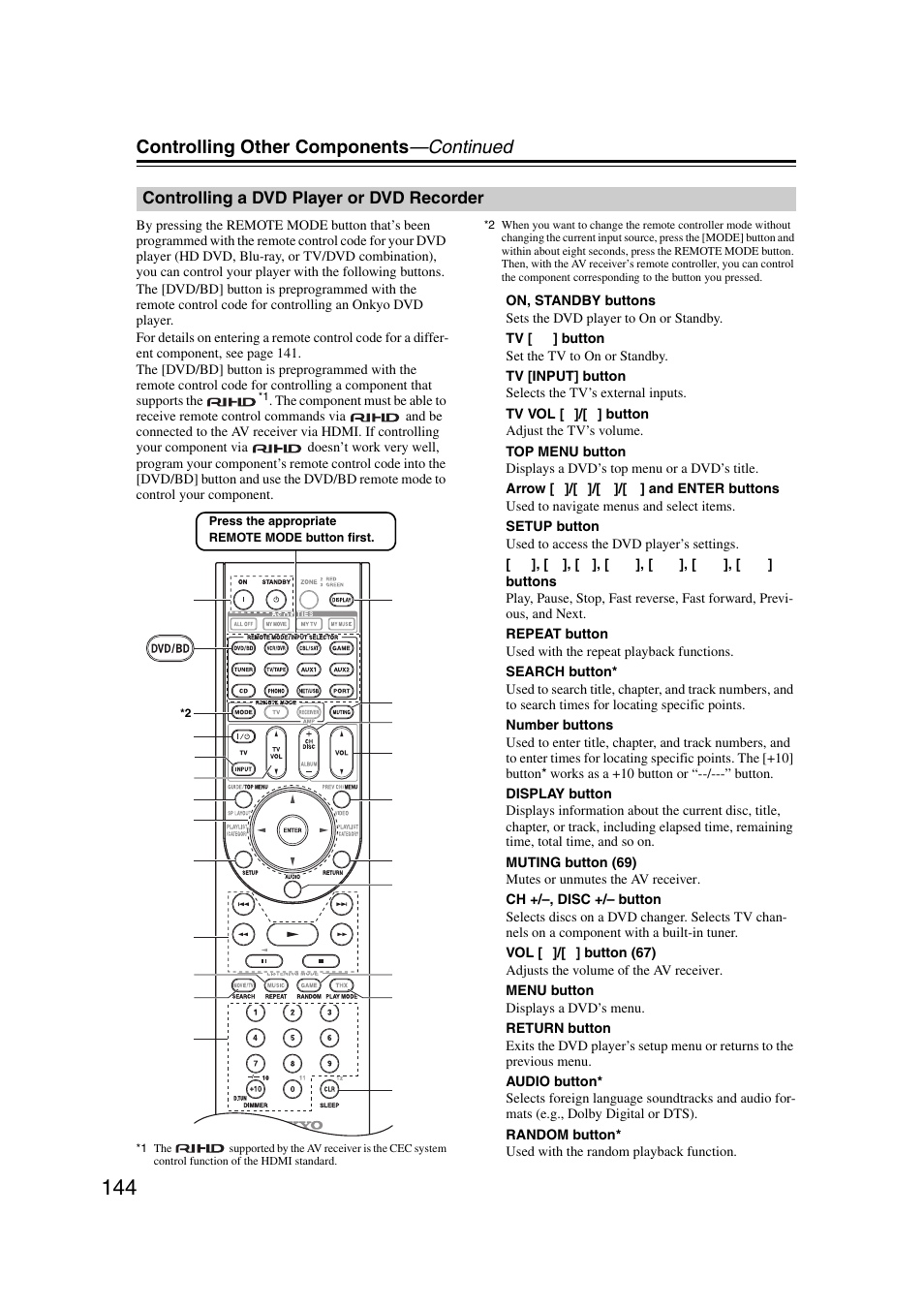 Controlling a dvd player or dvd recorder, Controlling other components —continued | Onkyo TX-NR5007 User Manual | Page 144 / 164