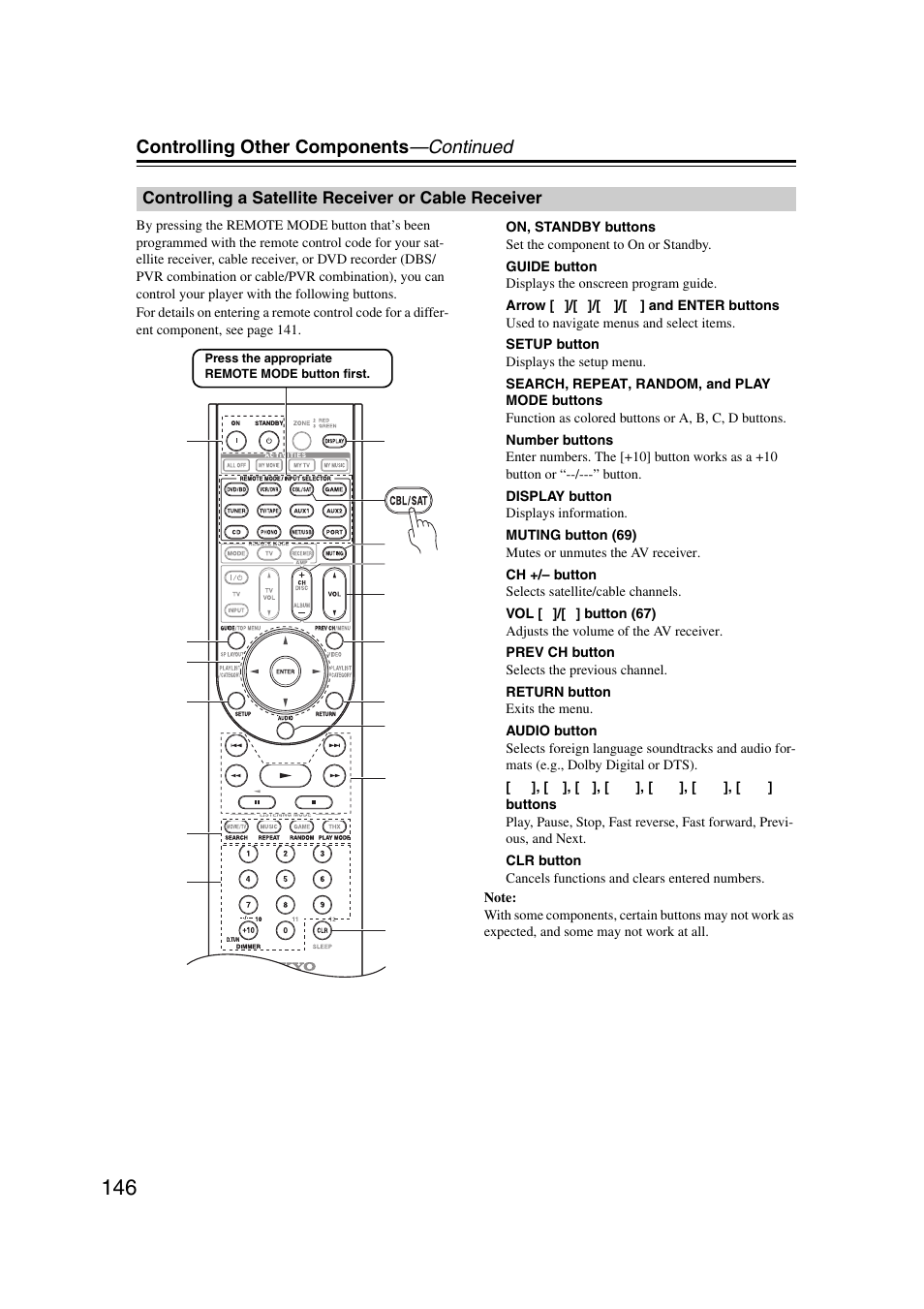 Controlling a satellite receiver or cable receiver, Controlling other components —continued | Onkyo TX-NR5007 User Manual | Page 146 / 164
