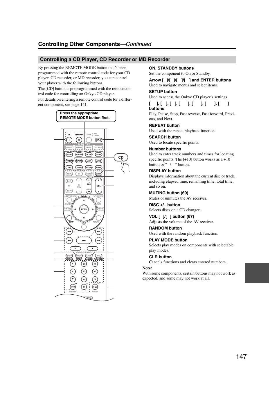 Controlling a cd player, cd recorder or, Md recorder, Controlling other components —continued | Onkyo TX-NR5007 User Manual | Page 147 / 164