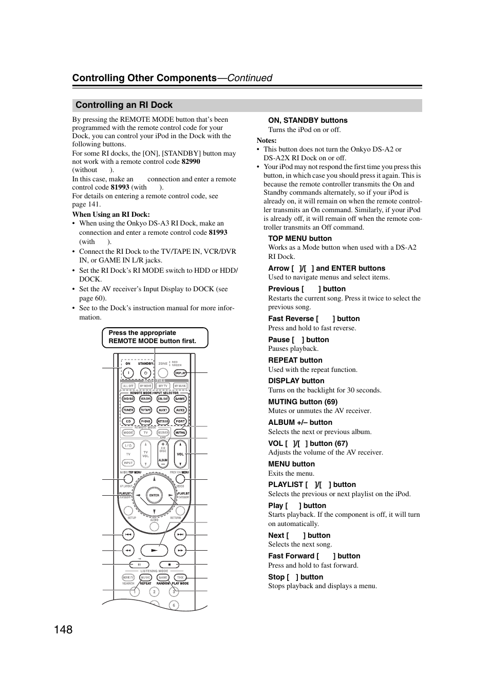 Controlling an ri dock, Controlling other components —continued | Onkyo TX-NR5007 User Manual | Page 148 / 164