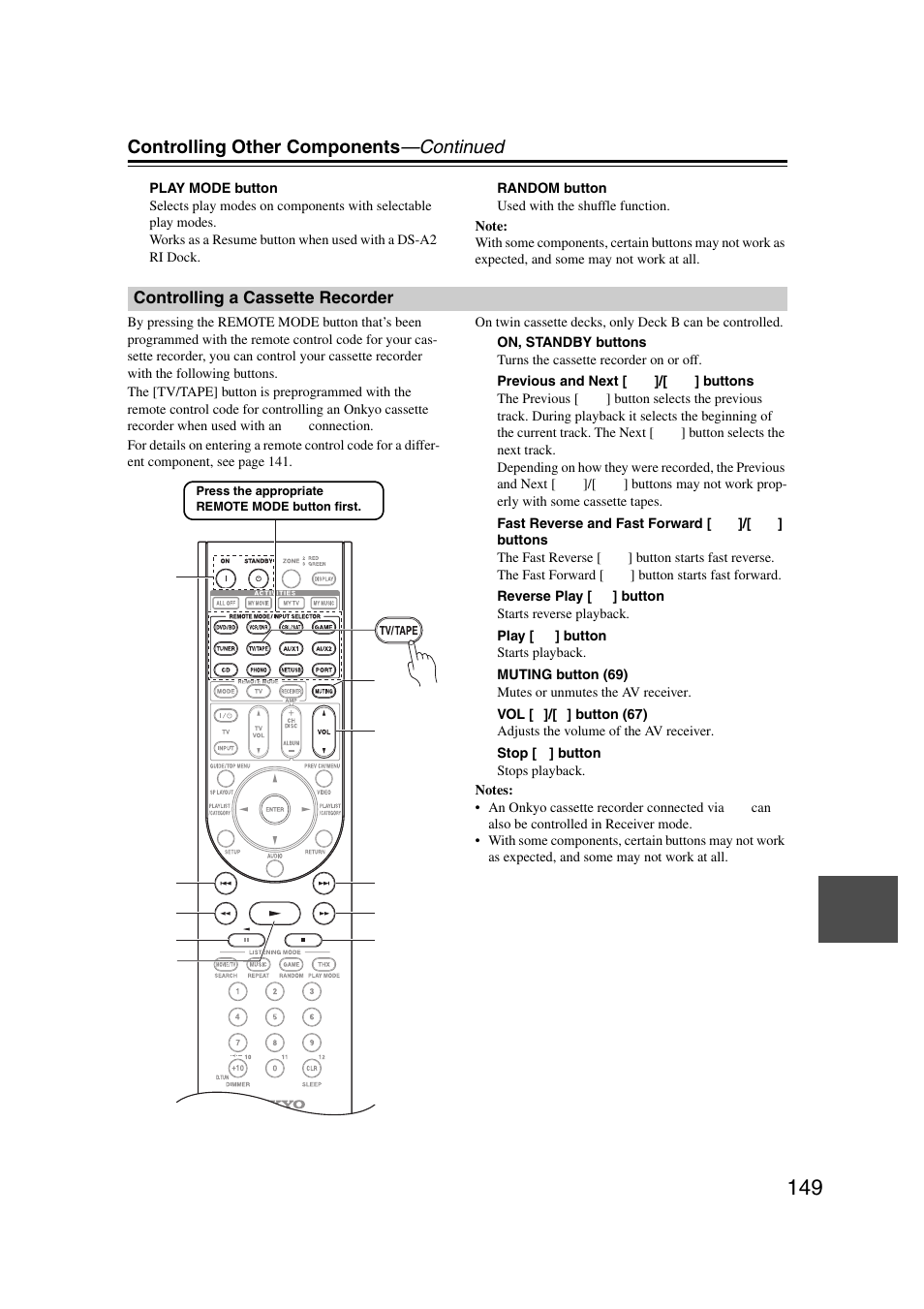 Controlling a cassette recorder, To 149), Controlling other components —continued | Onkyo TX-NR5007 User Manual | Page 149 / 164