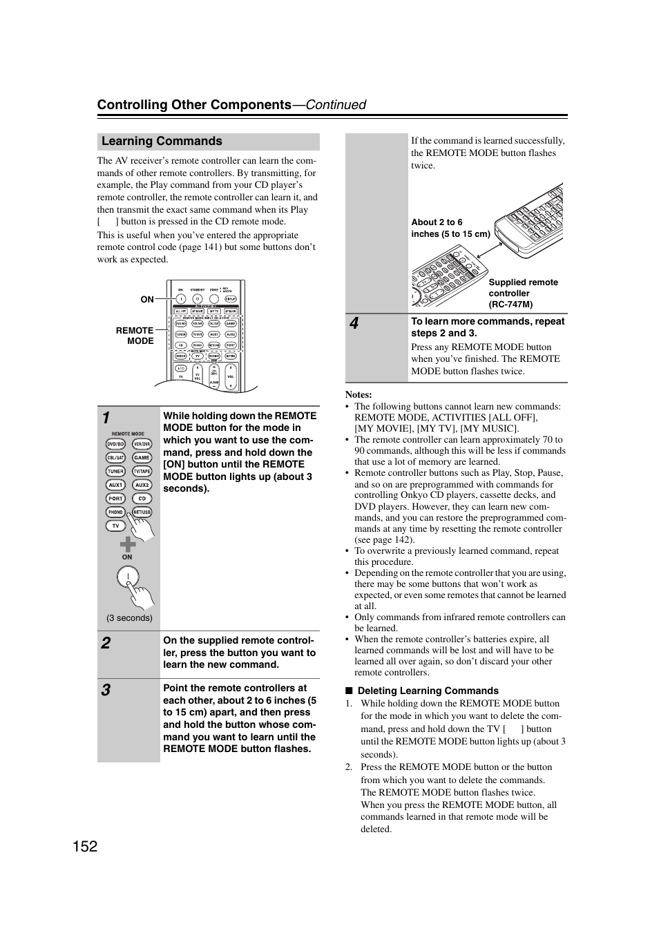 Learning commands, Controlling other components —continued, 3 seconds) | On remote mode | Onkyo TX-NR5007 User Manual | Page 152 / 164