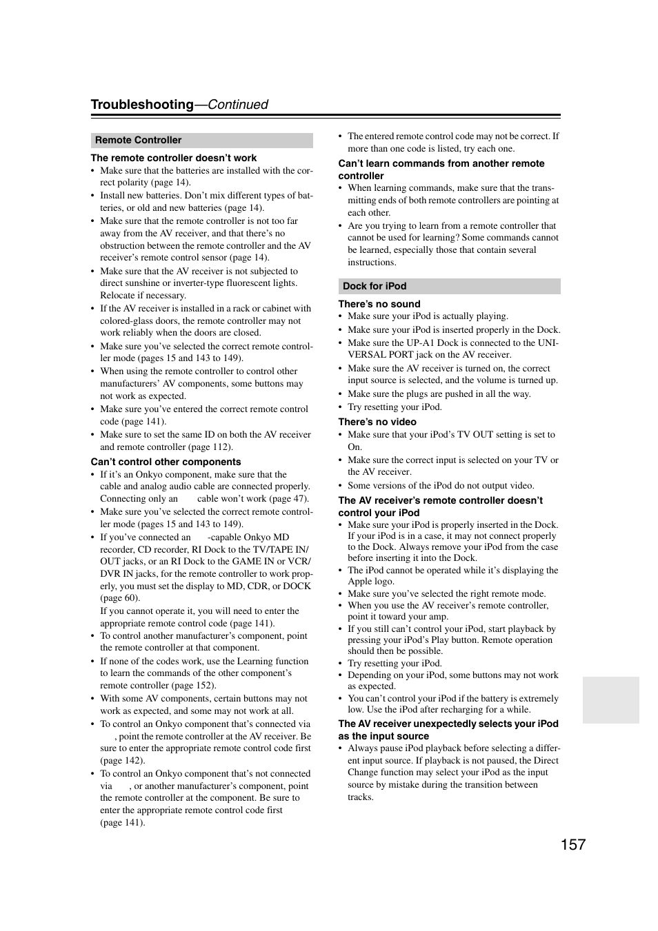 Troubleshooting —continued | Onkyo TX-NR5007 User Manual | Page 157 / 164