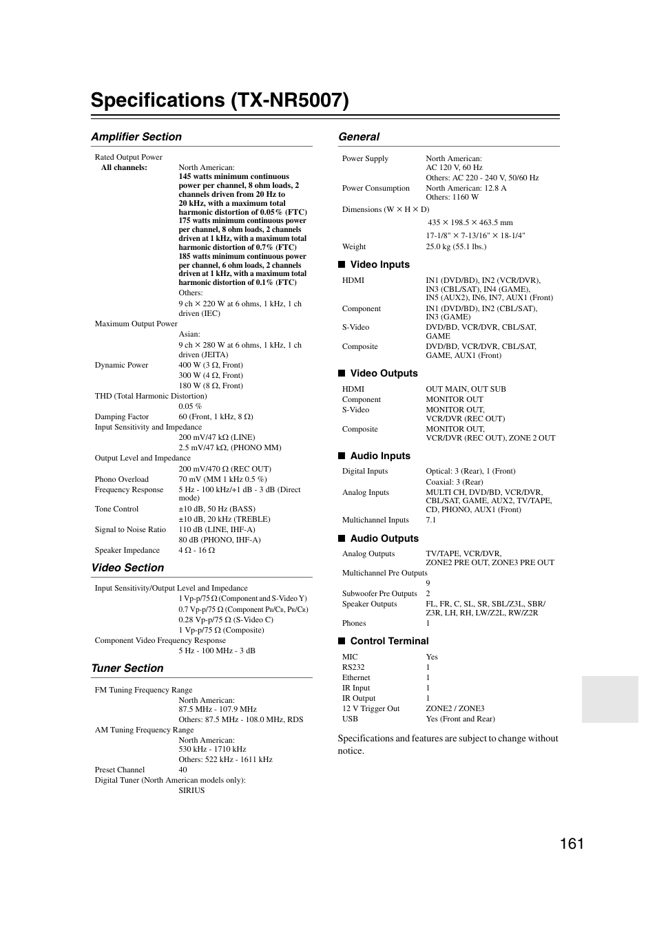 Specifications (tx-nr5007) | Onkyo TX-NR5007 User Manual | Page 161 / 164