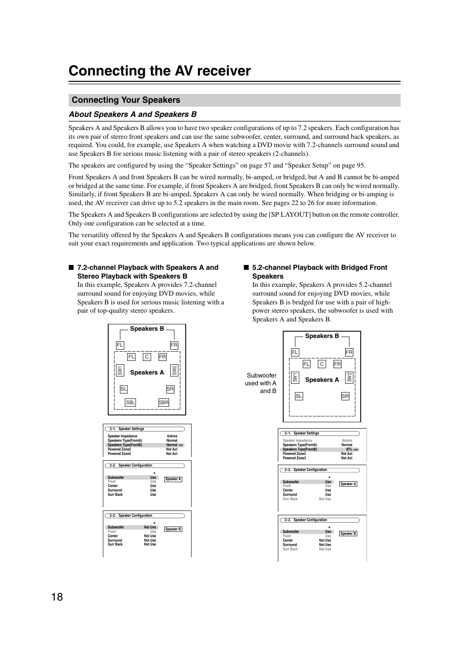 Connecting the av receiver, Connecting your speakers, Connection | About speakers a and speakers b | Onkyo TX-NR5007 User Manual | Page 18 / 164