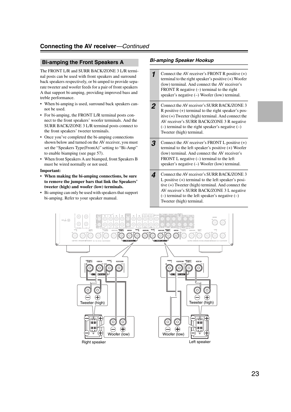 Bi-amping the front speakers a, Tor (23, 25) | Onkyo TX-NR5007 User Manual | Page 23 / 164