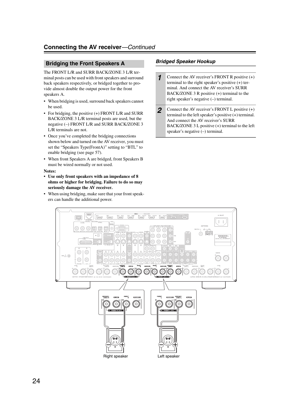 Bridging the front speakers a, R (24 | Onkyo TX-NR5007 User Manual | Page 24 / 164
