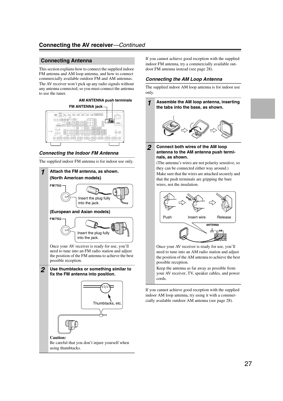 Connecting antenna, Connecting the av receiver —continued | Onkyo TX-NR5007 User Manual | Page 27 / 164