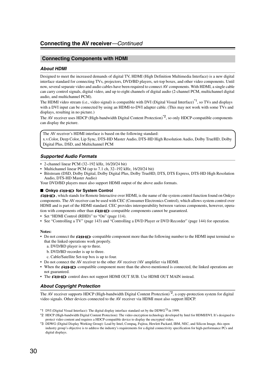 Connecting components with hdmi, Connecting the av receiver —continued | Onkyo TX-NR5007 User Manual | Page 30 / 164