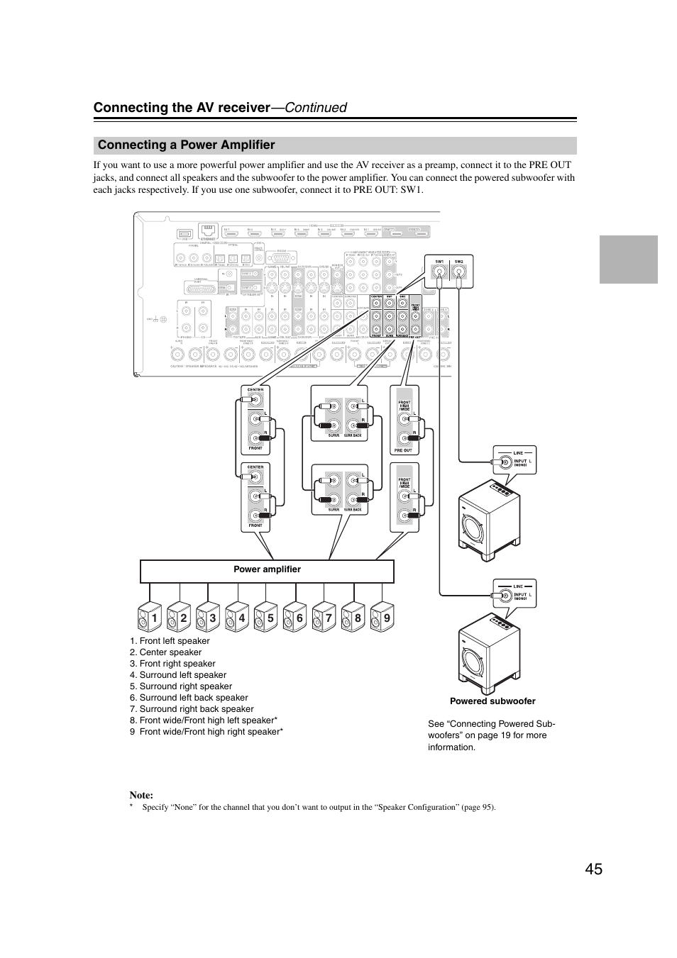 Connecting a power amplifier, Connecting the av receiver —continued | Onkyo TX-NR5007 User Manual | Page 45 / 164