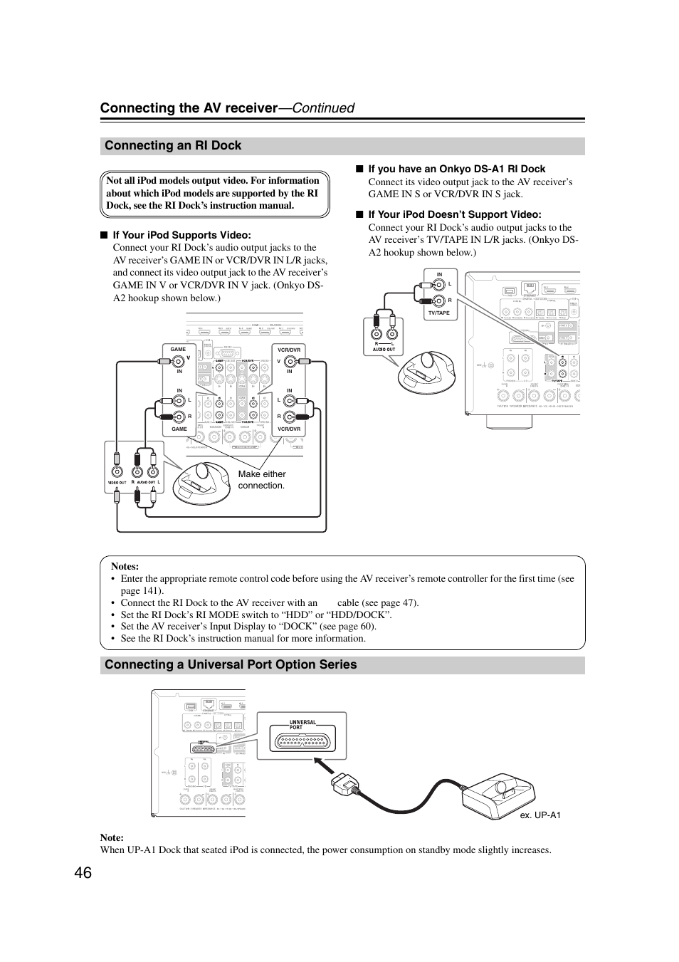 Connecting an ri dock, Connecting a universal port option series, Connecting the av receiver —continued | Onkyo TX-NR5007 User Manual | Page 46 / 164