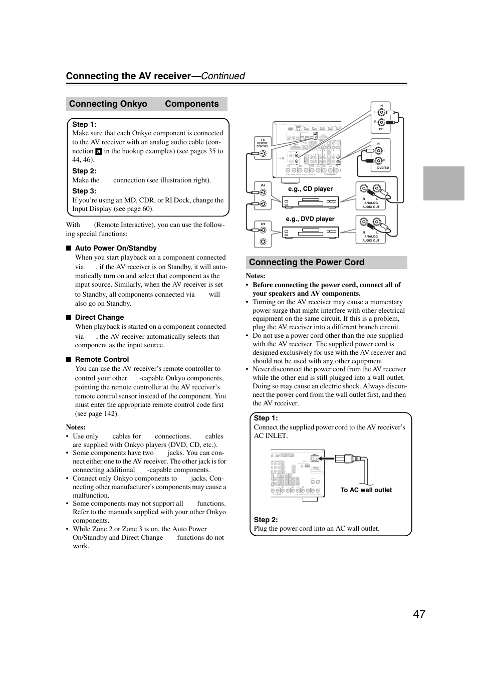 Connecting onkyo ri components, Connecting the power cord, Connecting onkyo | Connecting the av receiver —continued, Connecting onkyo components | Onkyo TX-NR5007 User Manual | Page 47 / 164
