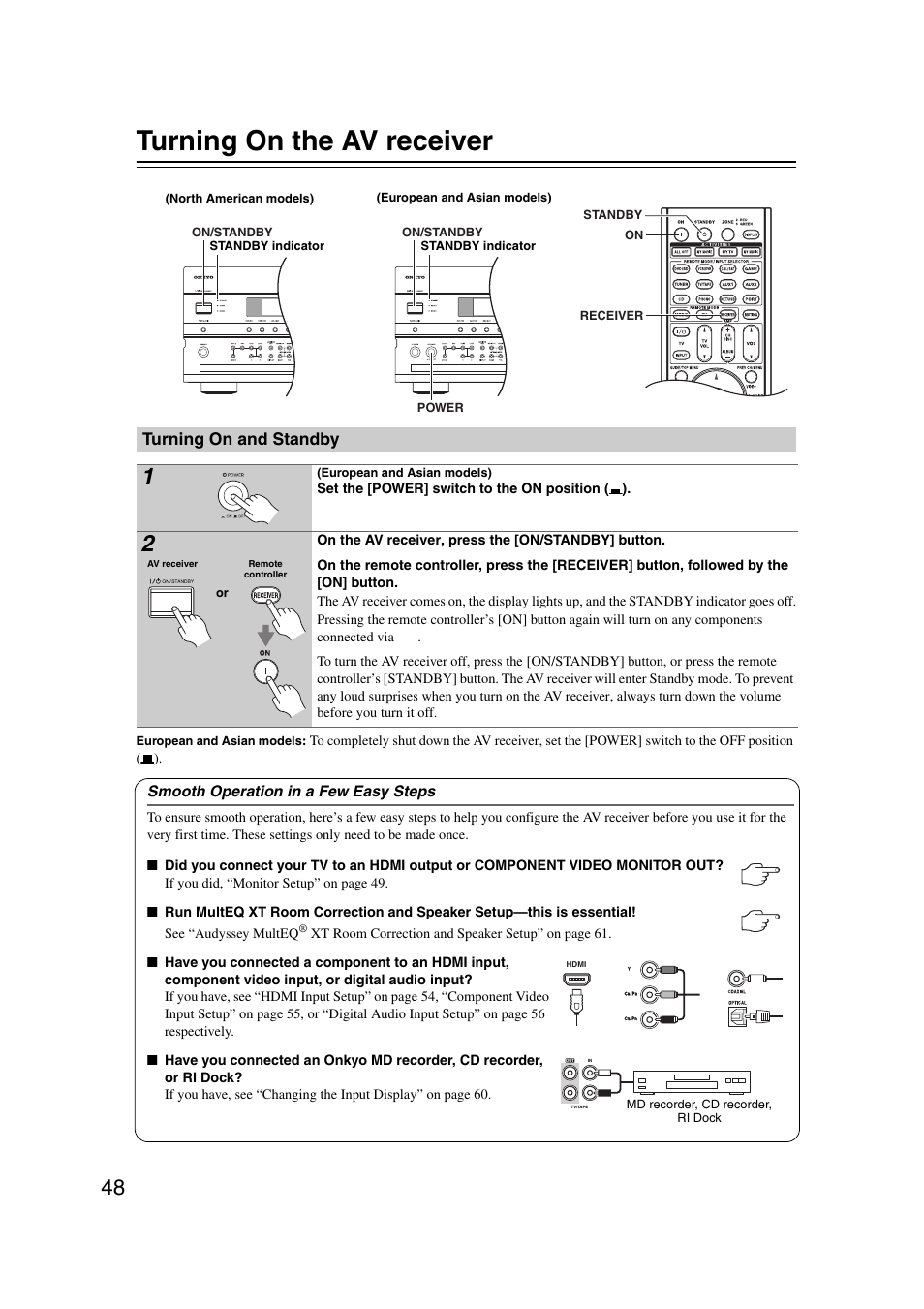 Turning on the av receiver, Turning on and standby, Turning on & first time setup | Onkyo TX-NR5007 User Manual | Page 48 / 164