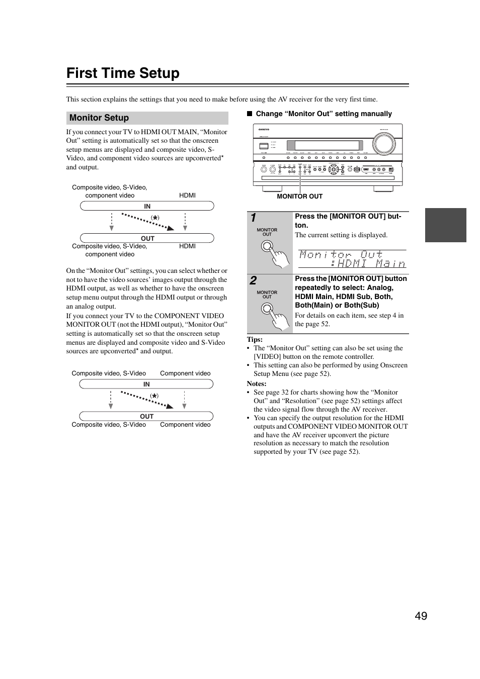 First time setup, Monitor setup, Tton (49) | Tton (4 | Onkyo TX-NR5007 User Manual | Page 49 / 164