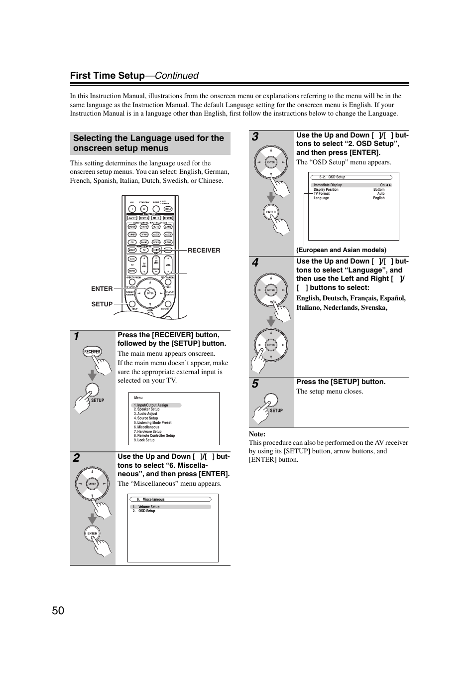 First time setup —continued | Onkyo TX-NR5007 User Manual | Page 50 / 164