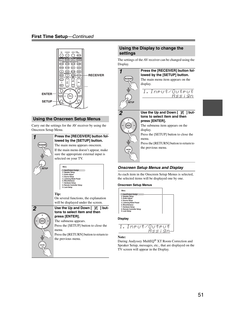 Using the onscreen setup menus, Using the display to change the settings, First time setup —continued | Onkyo TX-NR5007 User Manual | Page 51 / 164