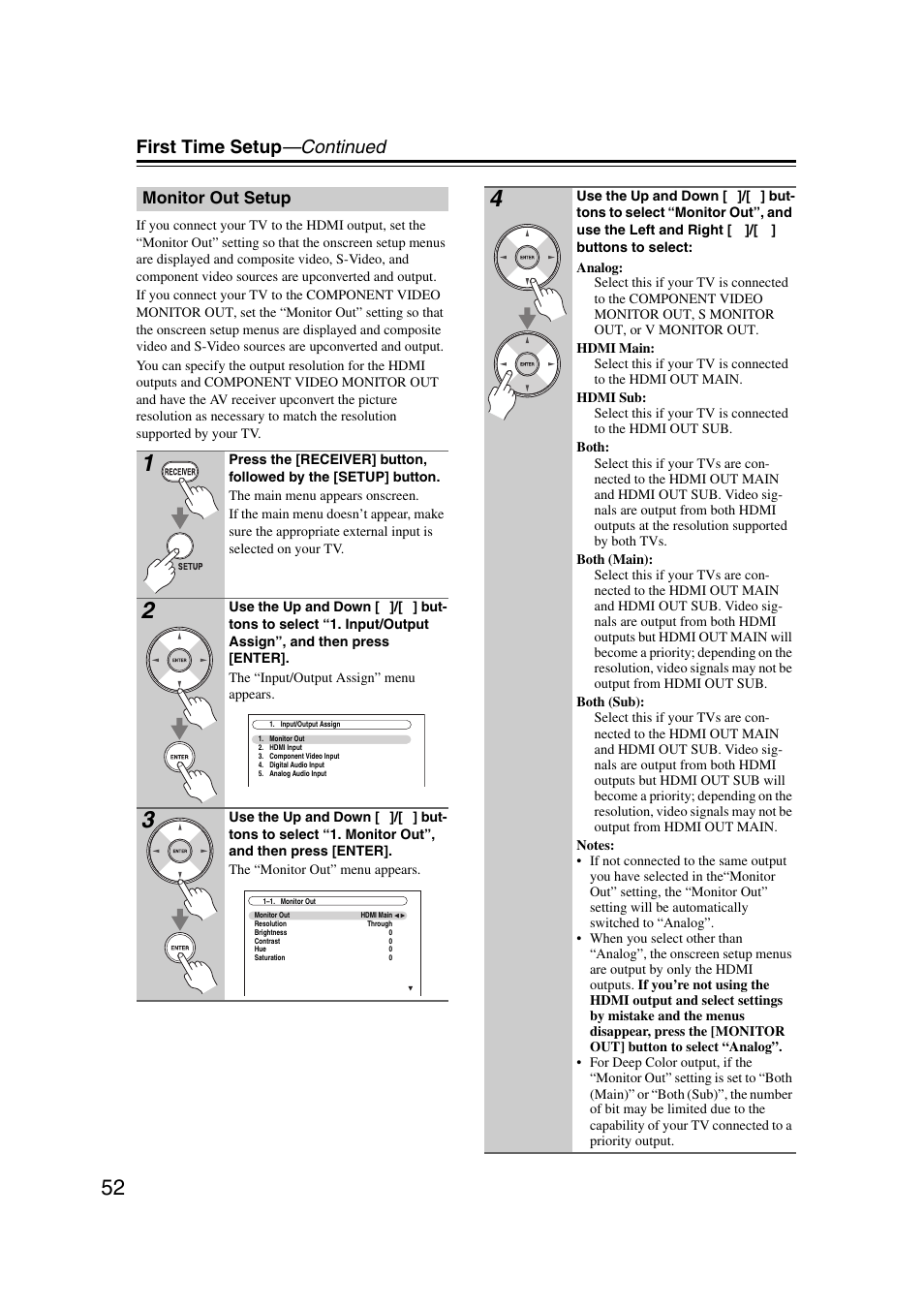 Monitor out setup, T” setting set to, E “monitor out | First time setup —continued | Onkyo TX-NR5007 User Manual | Page 52 / 164