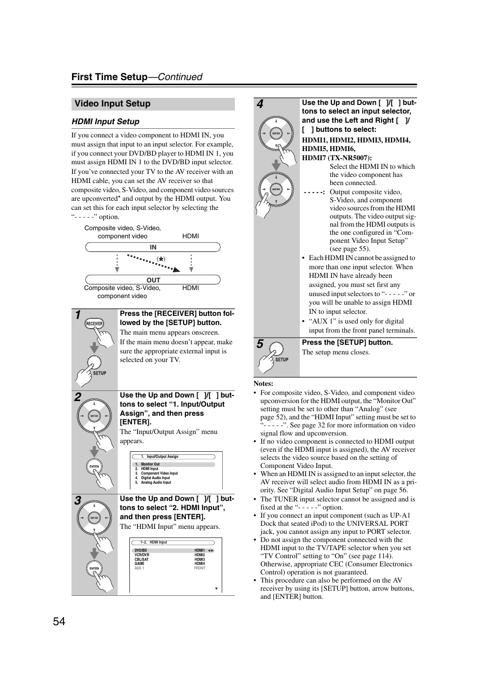 Video input setup, First time setup —continued | Onkyo TX-NR5007 User Manual | Page 54 / 164