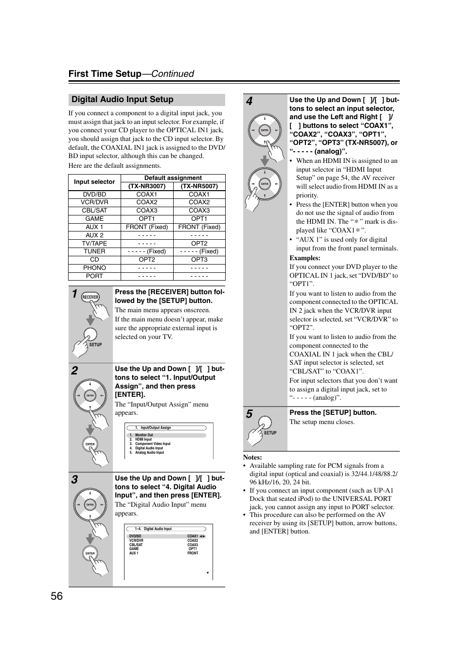 Digital audio input setup, First time setup —continued | Onkyo TX-NR5007 User Manual | Page 56 / 164