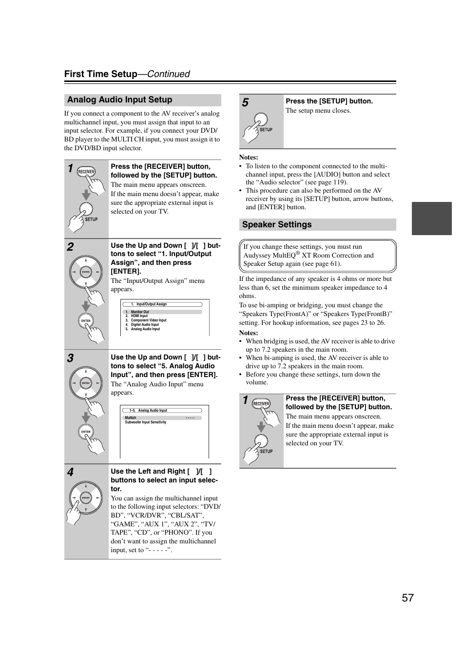 Analog audio input setup, Speaker settings, Analog audio input setup speaker settings | First time setup —continued | Onkyo TX-NR5007 User Manual | Page 57 / 164