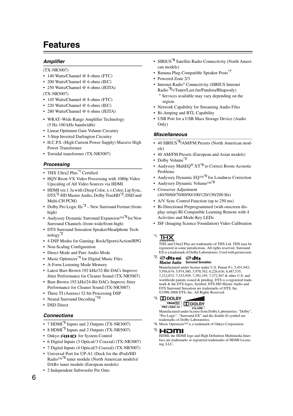 Features | Onkyo TX-NR5007 User Manual | Page 6 / 164