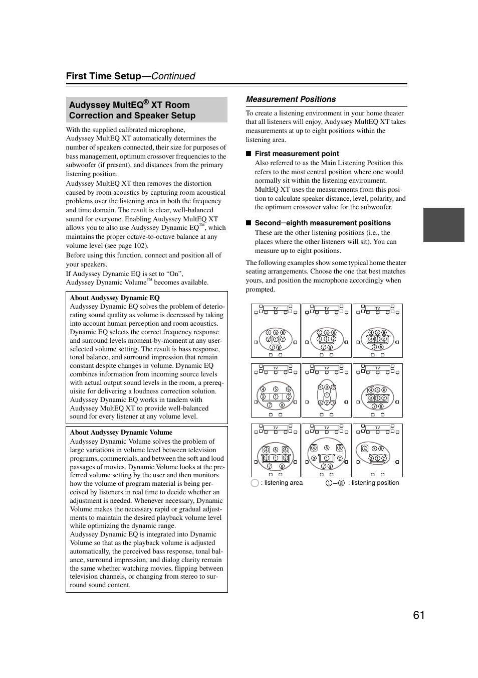 Audyssey multeq, First time setup —continued, Xt room correction and speaker setup | Onkyo TX-NR5007 User Manual | Page 61 / 164