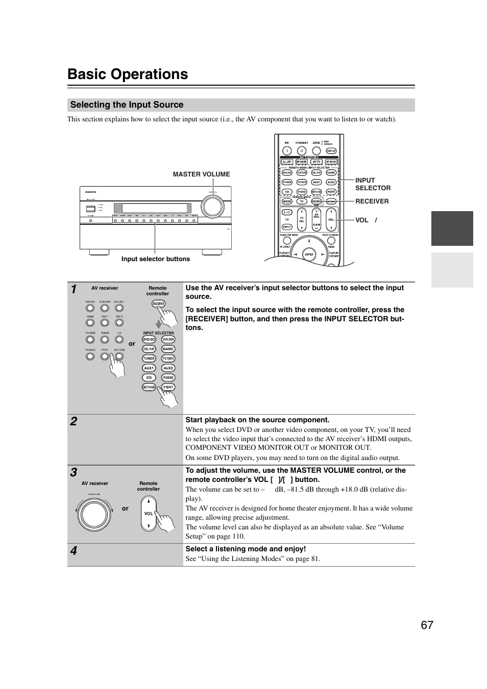 Basic operations, Selecting the input source, Ttons (67) | 67) an | Onkyo TX-NR5007 User Manual | Page 67 / 164