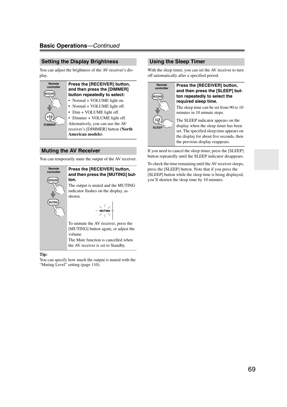 Setting the display brightness, Muting the av receiver, Using the sleep timer | Muting indicator (69), Basic operations —continued | Onkyo TX-NR5007 User Manual | Page 69 / 164