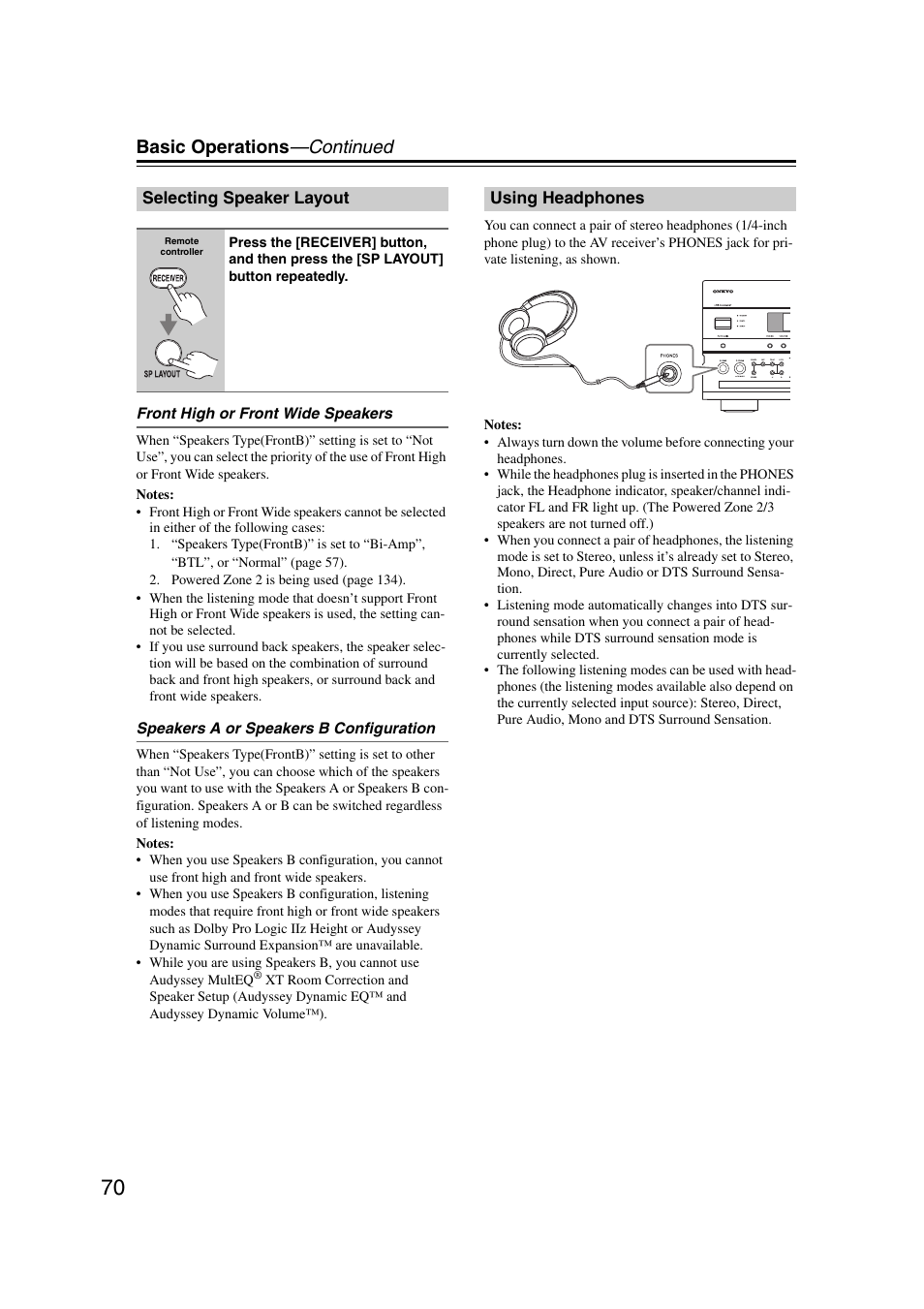 Selecting speaker layout, Using headphones, Selecting speaker layout using headphones | Basic operations —continued | Onkyo TX-NR5007 User Manual | Page 70 / 164