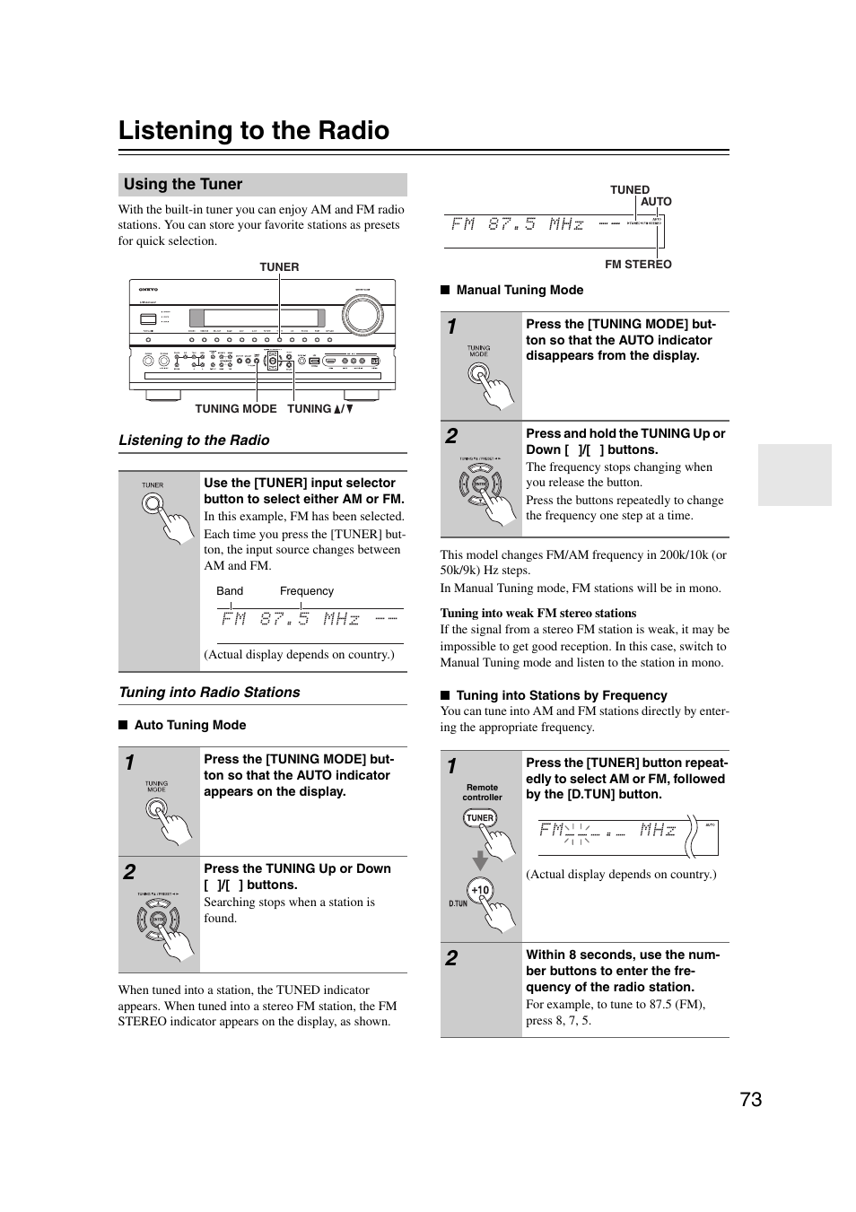 Listening to the radio, Using the tuner, D (73) | Ttons (73 | Onkyo TX-NR5007 User Manual | Page 73 / 164