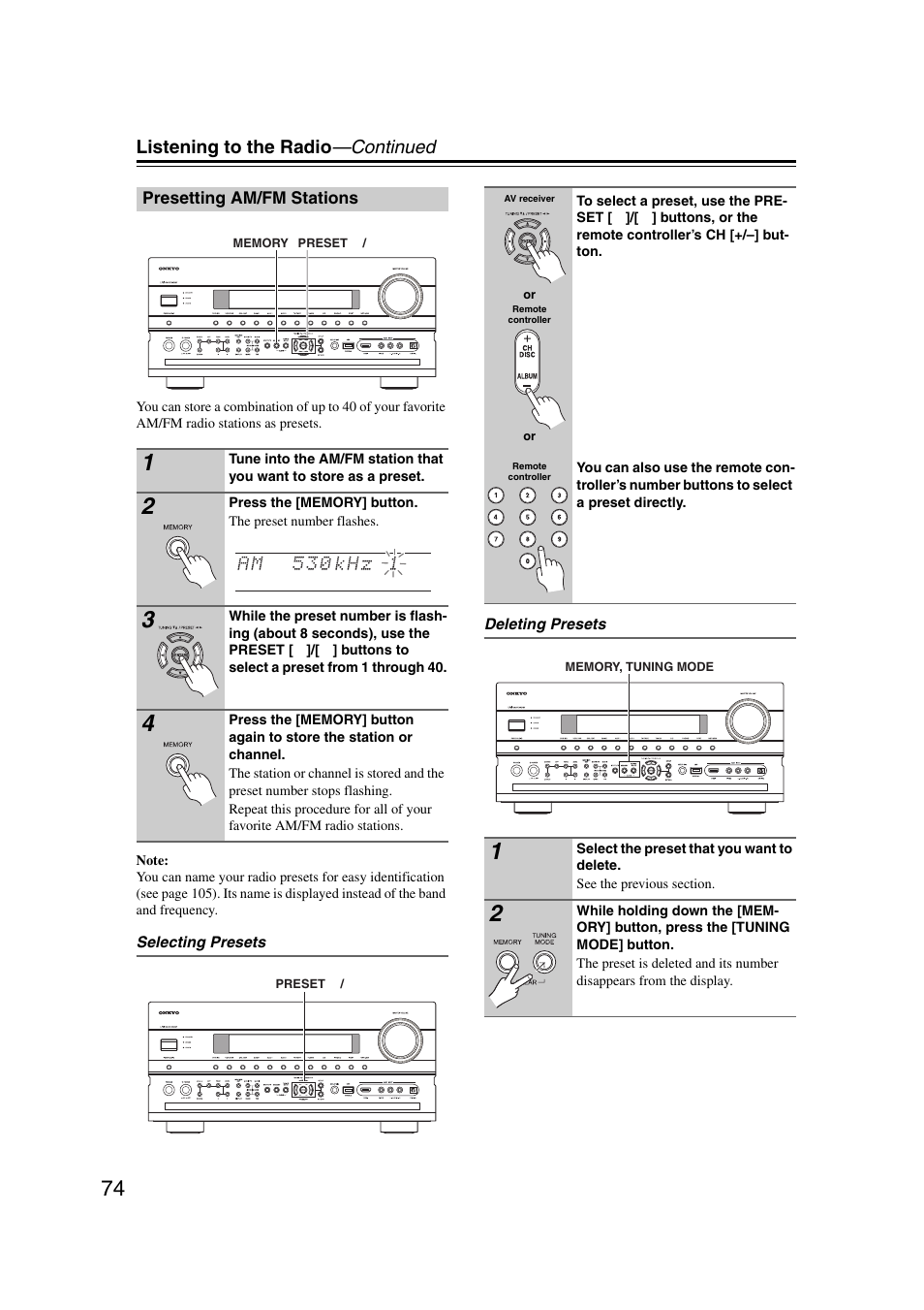 Presetting am/fm stations, Tton (74), Listening to the radio —continued | Onkyo TX-NR5007 User Manual | Page 74 / 164