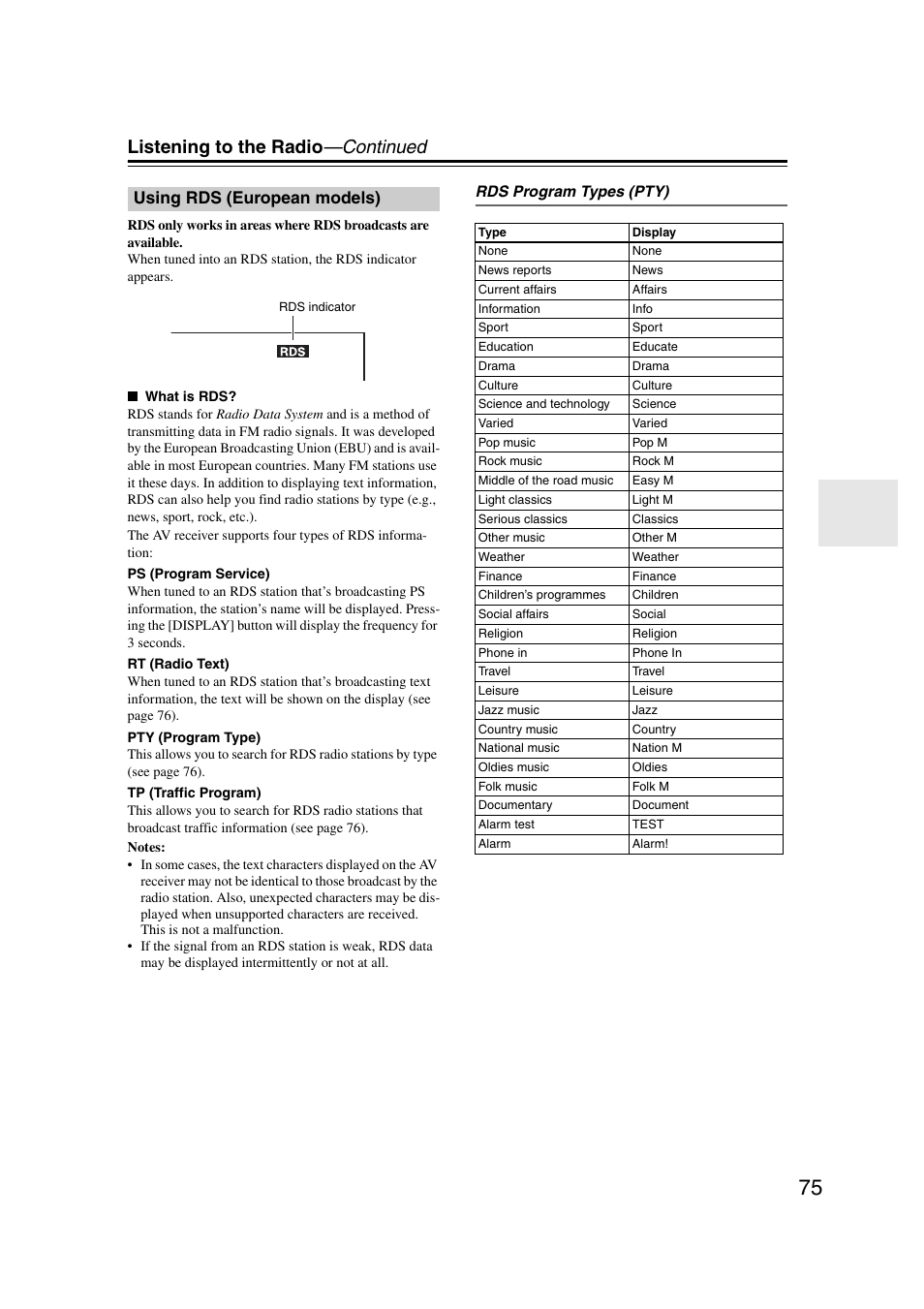 Using rds (european models), N models) (75), Listening to the radio —continued | Onkyo TX-NR5007 User Manual | Page 75 / 164