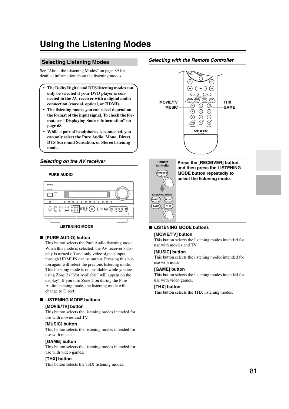 Using the listening modes, Selecting listening modes, Ttons (81) | Onkyo TX-NR5007 User Manual | Page 81 / 164