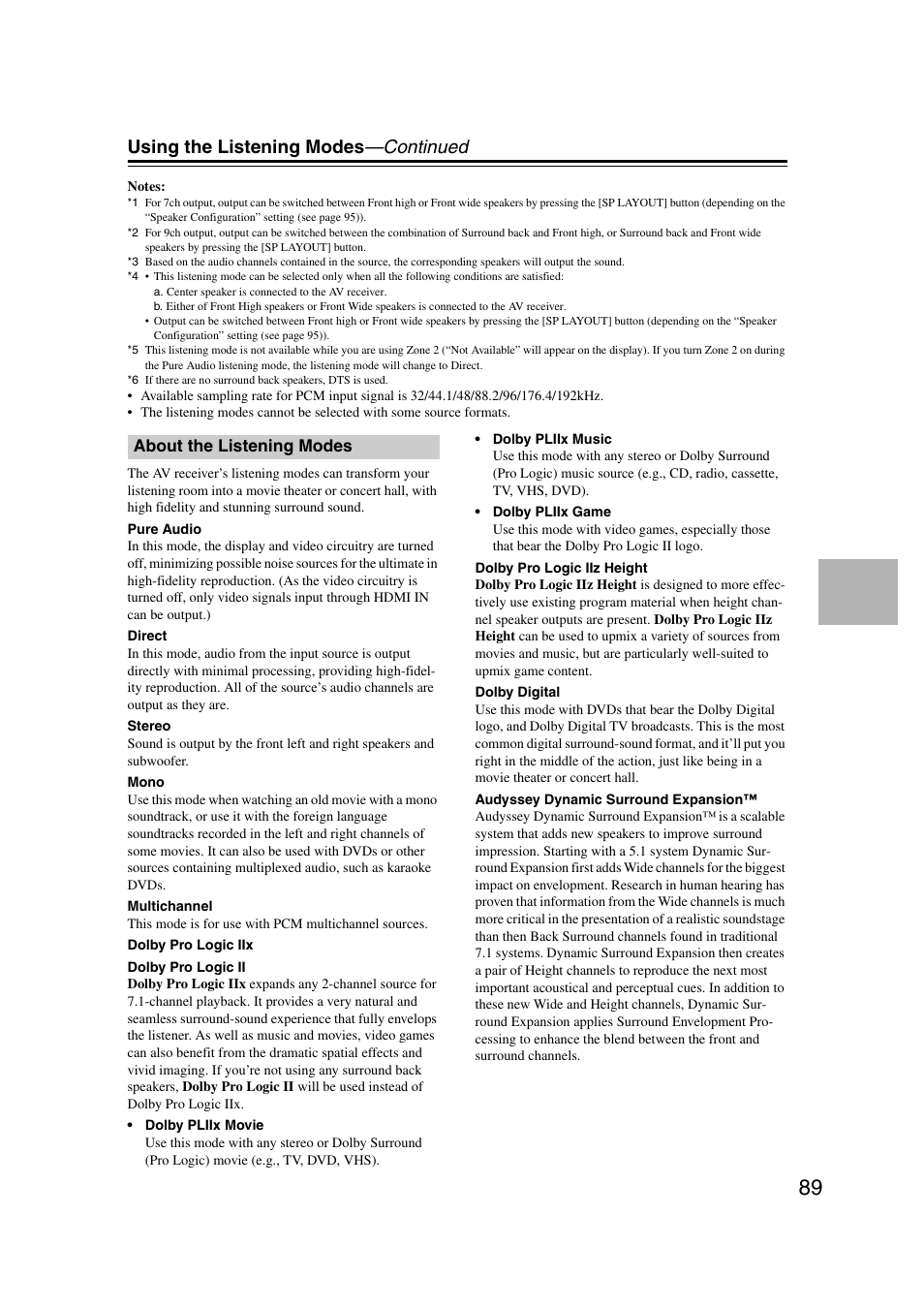 About the listening modes, Using the listening modes —continued | Onkyo TX-NR5007 User Manual | Page 89 / 164