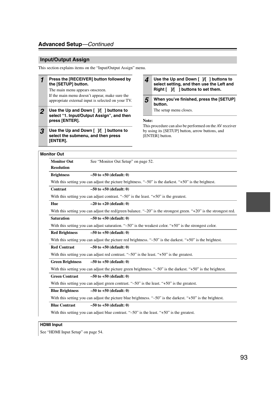 Input/output assign, Advanced setup —continued | Onkyo TX-NR5007 User Manual | Page 93 / 164