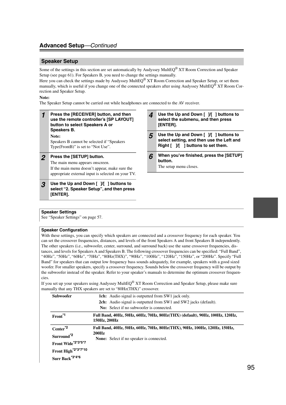 Speaker setup, He “speaker, Configuration” s | Speaker configuration” s, E “speaker, Configuration, Advanced setup —continued | Onkyo TX-NR5007 User Manual | Page 95 / 164
