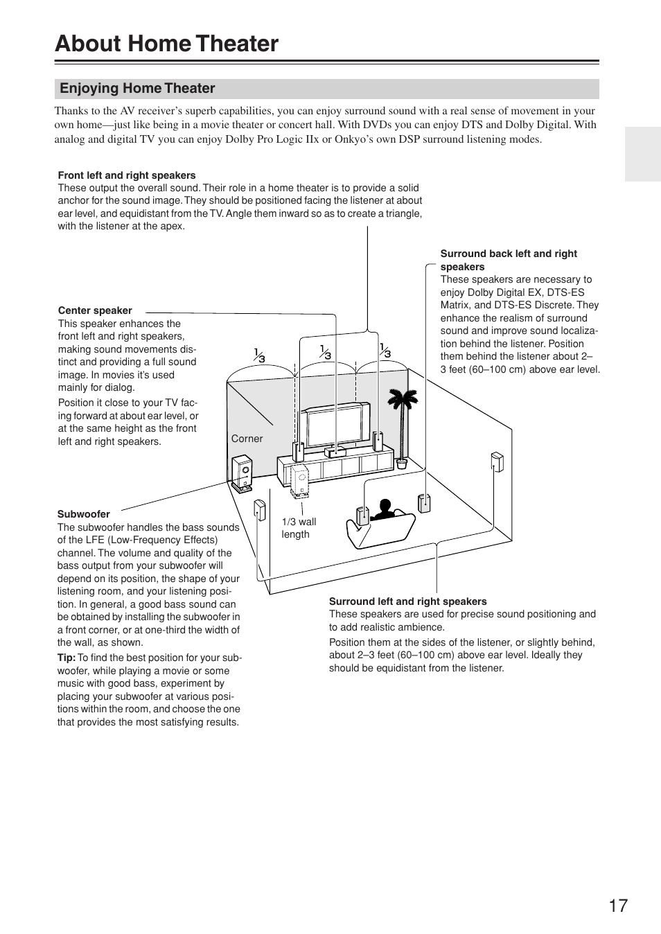 About home theater, Enjoying home theater | Onkyo TX-SR674/674E User Manual | Page 17 / 92