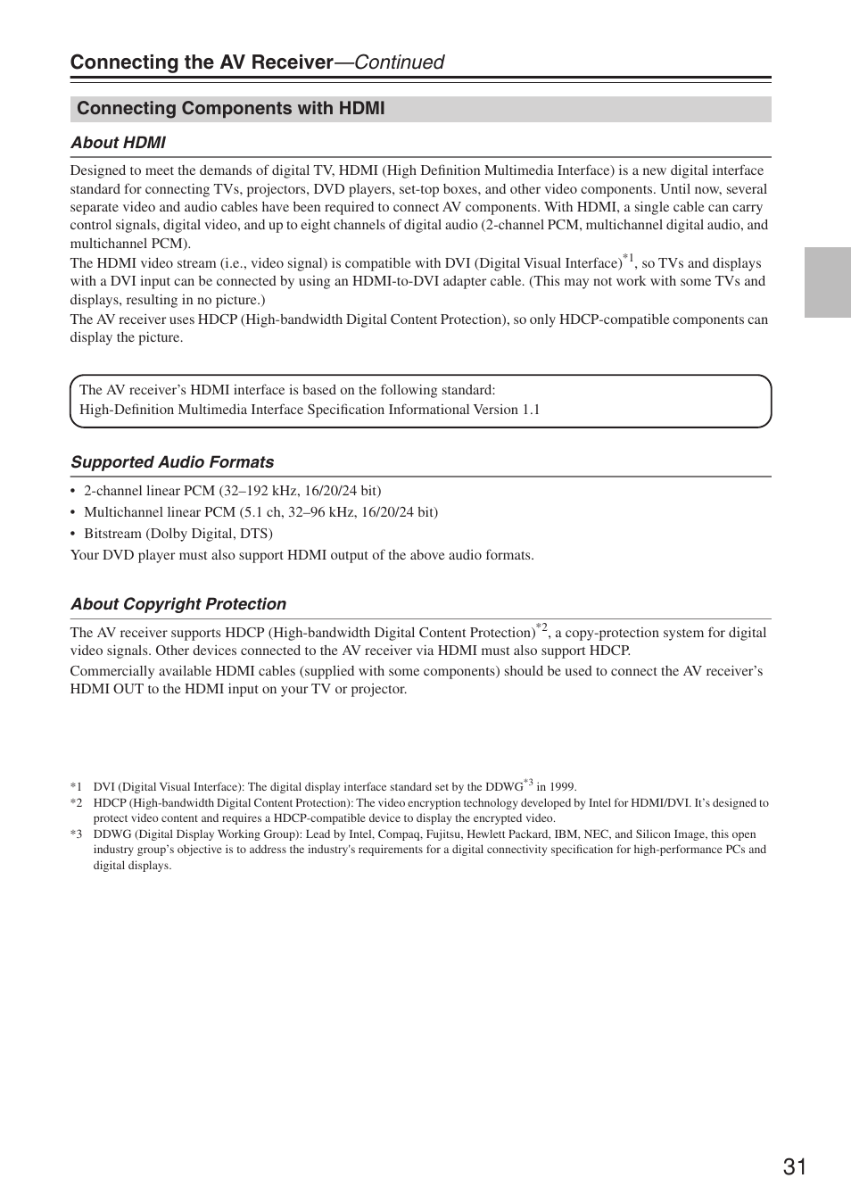 Connecting the av receiver —continued, Connecting components with hdmi | Onkyo TX-SR674/674E User Manual | Page 31 / 92