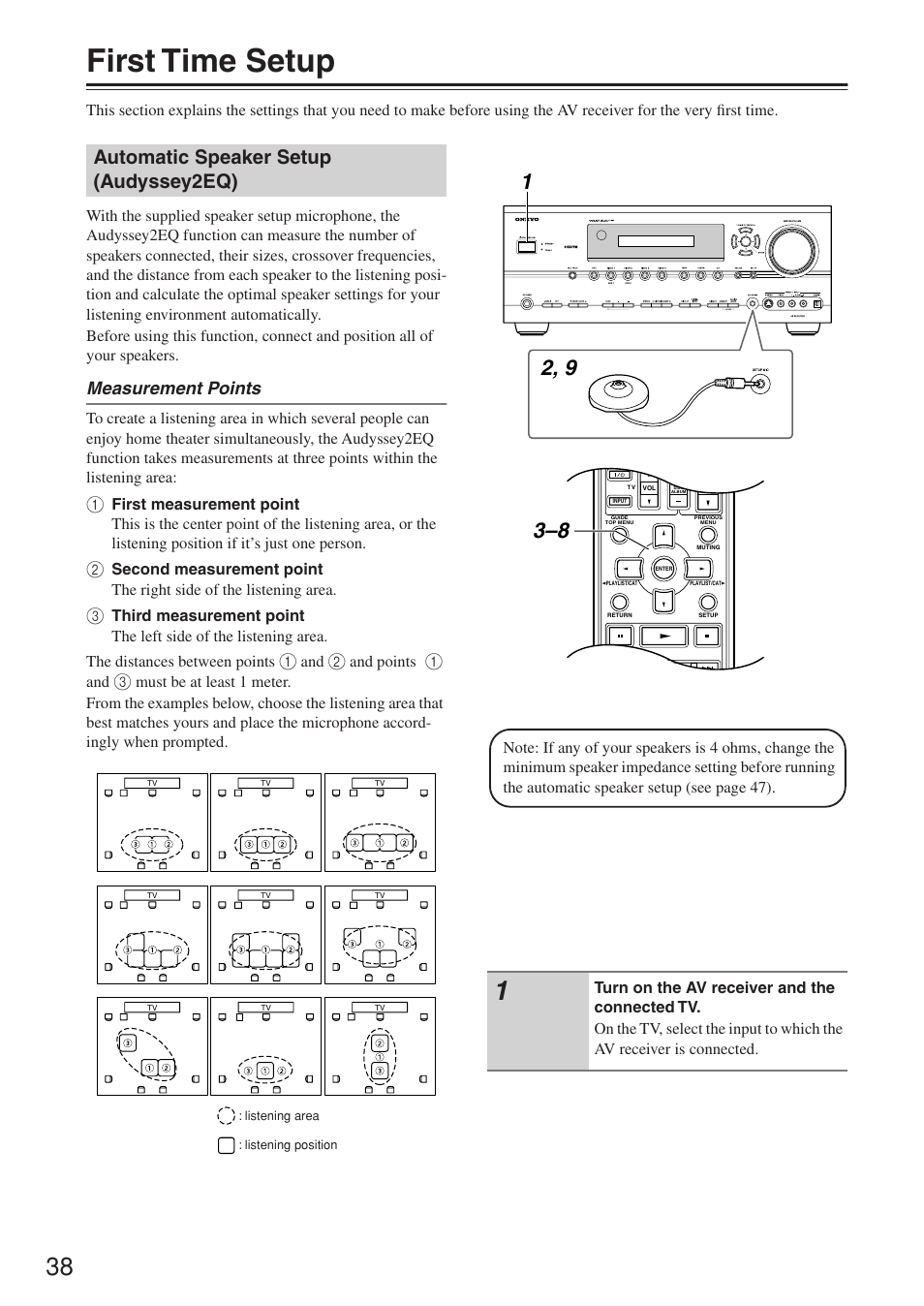 First time setup, Automatic speaker setup (audyssey2eq), Measurement points | And points | Onkyo TX-SR674/674E User Manual | Page 38 / 92
