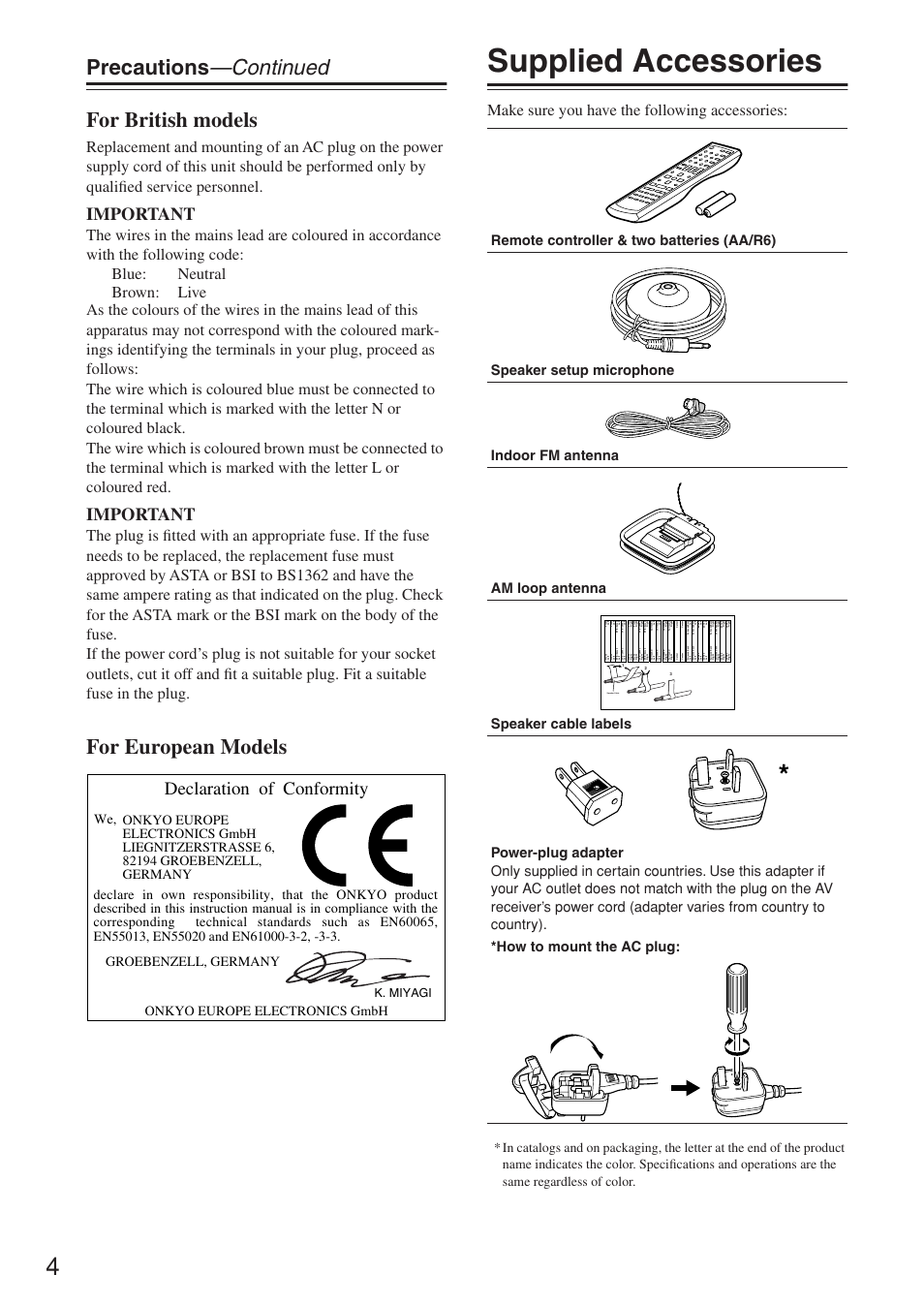 Supplied accessories, Precautions —continued for british models, For european models | Important, Declaration of conformity, Make sure you have the following accessories, Speaker cable, K. miyagi | Onkyo TX-SR674/674E User Manual | Page 4 / 92